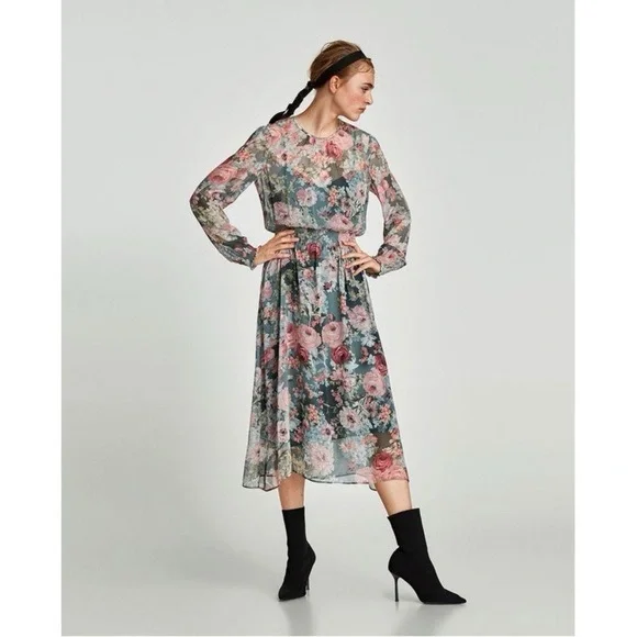 Zara Rare Viral Floral Sheer Midi Dress Sz M - Picture 5 of 11